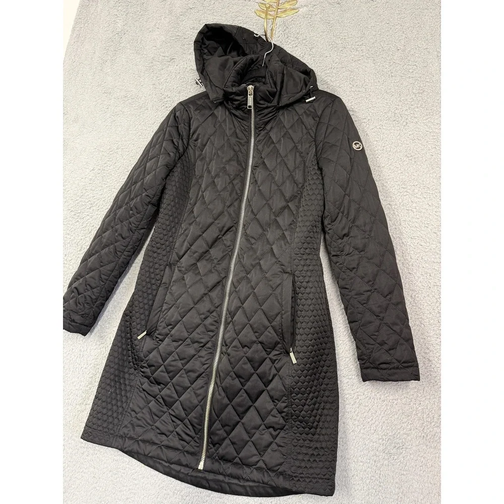 Michael Michael Kors Coat Womens Small Black Quilted‎ Hooded Puffer Long Zip